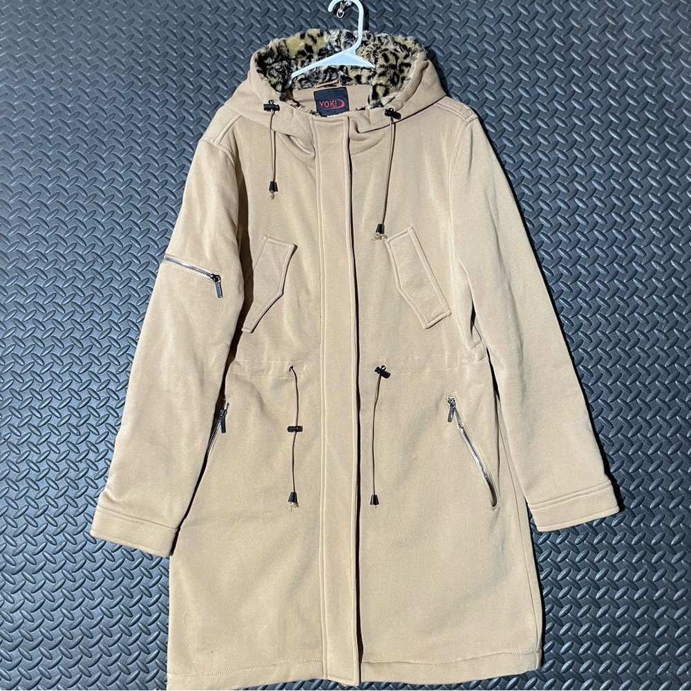 Vintage Yoki Brown Hooded Cheetah Print Fur‎ Pea Coat Jacket Women's Size XL